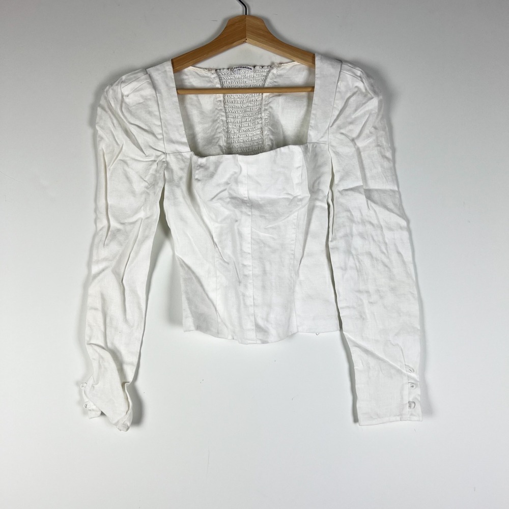 Reformation Stilton Linen Smocked Back Square Neck Long Sleeve Blouse Shirt Top